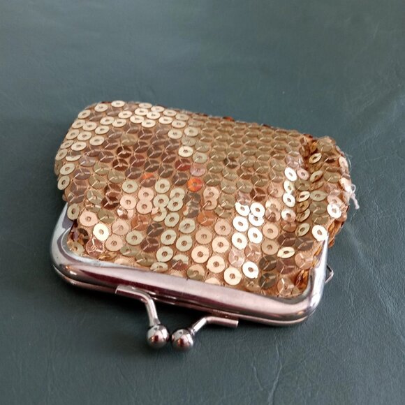 Little Gold Sequin Coin Purse Vintage Antique Old stocking gift for woman girl - Picture 7 of 10